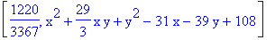 [1220/3367, x^2+29/3*x*y+y^2-31*x-39*y+108]